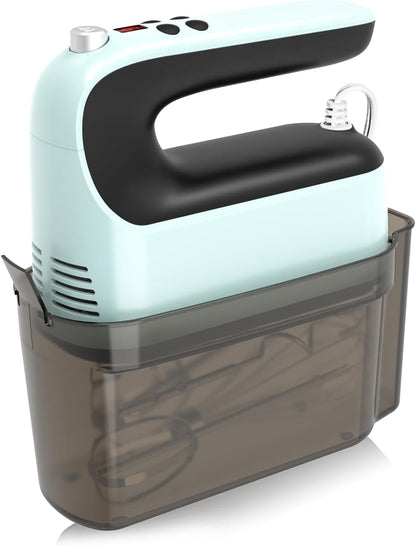 9-Speed Digital Hand Mixer Electric, 400W Powerful DC Motor, Hand Mixer Electric Handheld with Snap-On Storage Case, 5 Stainless Steel Accessories, Beaters, Dough Hooks, Whisk(Ice Blue/Black)