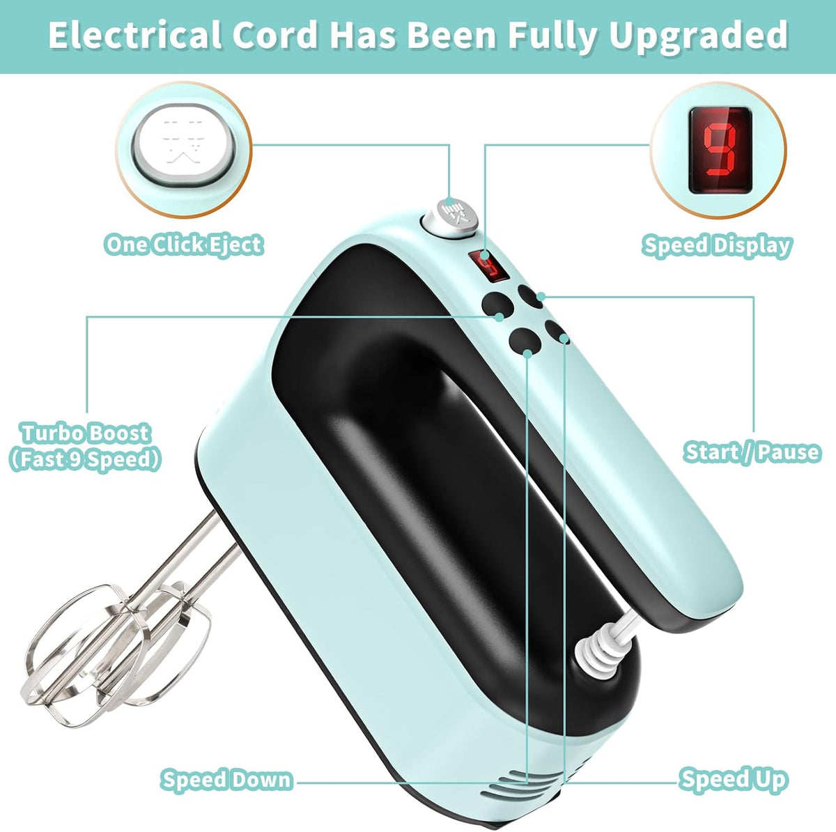 9-Speed Digital Hand Mixer Electric, 400W Powerful DC Motor, Hand Mixer Electric Handheld with Snap-On Storage Case, 5 Stainless Steel Accessories, Beaters, Dough Hooks, Whisk(Ice Blue/Black)