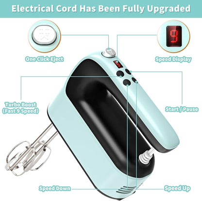 9-Speed Digital Hand Mixer Electric, 400W Powerful DC Motor, Hand Mixer Electric Handheld with Snap-On Storage Case, 5 Stainless Steel Accessories, Beaters, Dough Hooks, Whisk(Ice Blue/Black)