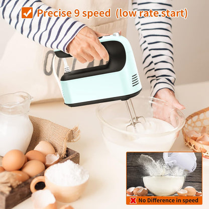9-Speed Digital Hand Mixer Electric, 400W Powerful DC Motor, Hand Mixer Electric Handheld with Snap-On Storage Case, 5 Stainless Steel Accessories, Beaters, Dough Hooks, Whisk(Ice Blue/Black)