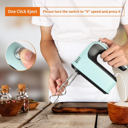 9-Speed Digital Hand Mixer Electric, 400W Powerful DC Motor, Hand Mixer Electric Handheld with Snap-On Storage Case, 5 Stainless Steel Accessories, Beaters, Dough Hooks, Whisk(Ice Blue/Black)