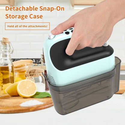 9-Speed Digital Hand Mixer Electric, 400W Powerful DC Motor, Hand Mixer Electric Handheld with Snap-On Storage Case, 5 Stainless Steel Accessories, Beaters, Dough Hooks, Whisk(Ice Blue/Black)