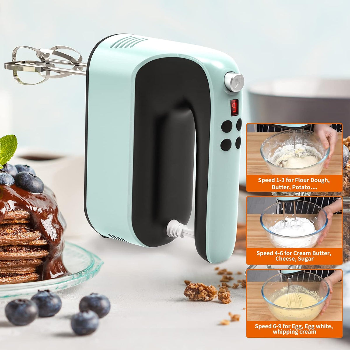 9-Speed Digital Hand Mixer Electric, 400W Powerful DC Motor, Hand Mixer Electric Handheld with Snap-On Storage Case, 5 Stainless Steel Accessories, Beaters, Dough Hooks, Whisk(Ice Blue/Black)