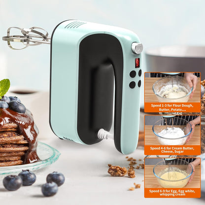 9-Speed Digital Hand Mixer Electric, 400W Powerful DC Motor, Hand Mixer Electric Handheld with Snap-On Storage Case, 5 Stainless Steel Accessories, Beaters, Dough Hooks, Whisk(Ice Blue/Black)