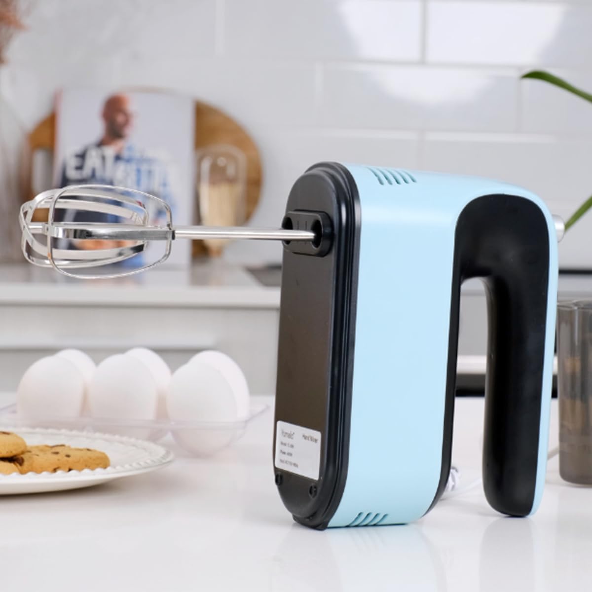 9-Speed Digital Hand Mixer Electric, 400W Powerful DC Motor, Hand Mixer Electric Handheld with Snap-On Storage Case, 5 Stainless Steel Accessories, Beaters, Dough Hooks, Whisk(Ice Blue/Black)