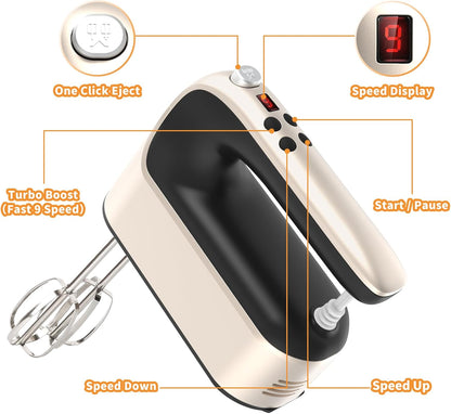 9-Speed Digital Hand Mixer Electric, 400W Powerful DC Motor, Hand Mixer Electric Handheld with Snap-On Storage Case, 5 Stainless Steel Accessories, Beaters, Dough Hooks, Whisk(Ice Blue/Black)