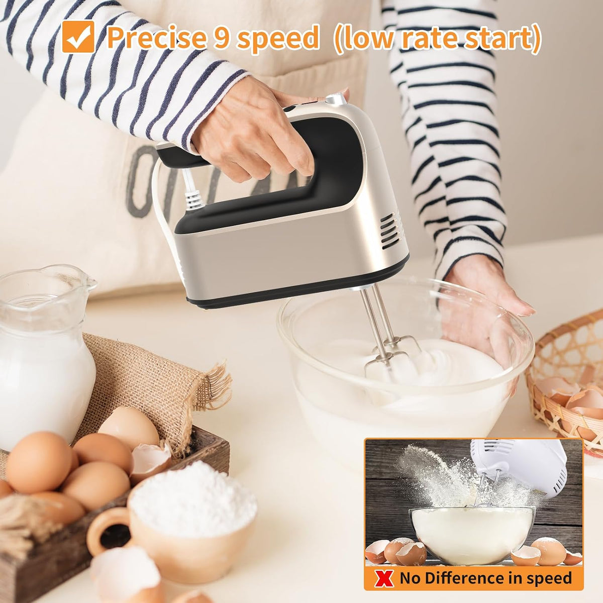 9-Speed Digital Hand Mixer Electric, 400W Powerful DC Motor, Hand Mixer Electric Handheld with Snap-On Storage Case, 5 Stainless Steel Accessories, Beaters, Dough Hooks, Whisk(Ice Blue/Black)