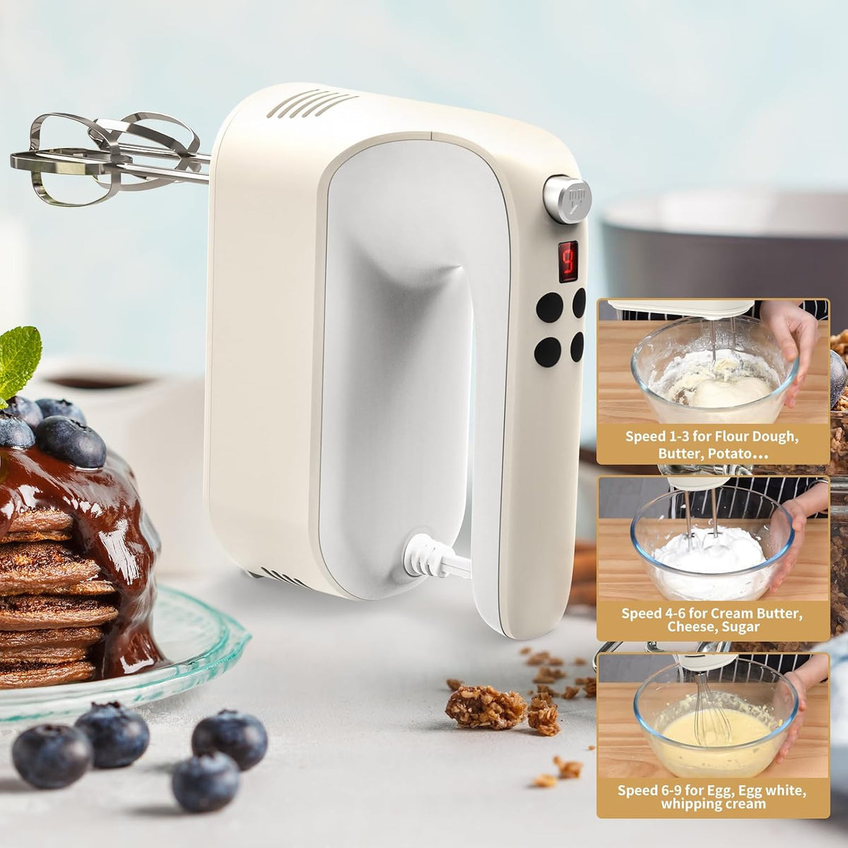 9-Speed Digital Hand Mixer Electric, 400W Powerful DC Motor, Hand Mixer Electric Handheld with Snap-On Storage Case, 5 Stainless Steel Accessories, Beaters, Dough Hooks, Whisk(Ice Blue/Black)