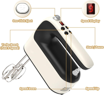 9-Speed Digital Hand Mixer Electric, 400W Powerful DC Motor, Hand Mixer Electric Handheld with Snap-On Storage Case, 5 Stainless Steel Accessories, Beaters, Dough Hooks, Whisk(Ice Blue/Black)