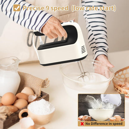 9-Speed Digital Hand Mixer Electric, 400W Powerful DC Motor, Hand Mixer Electric Handheld with Snap-On Storage Case, 5 Stainless Steel Accessories, Beaters, Dough Hooks, Whisk(Ice Blue/Black)