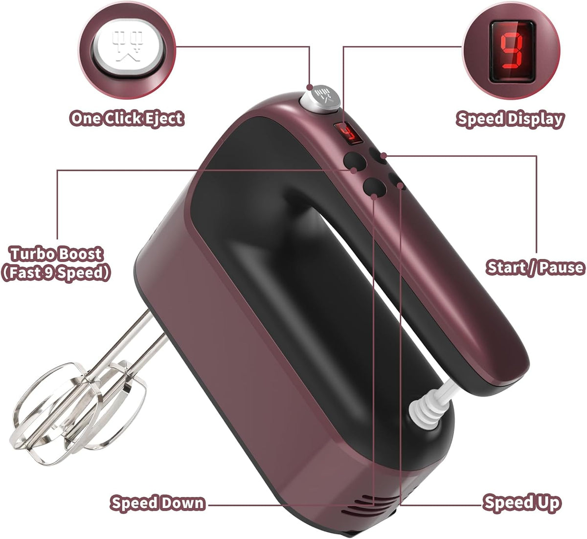 9-Speed Digital Hand Mixer Electric, 400W Powerful DC Motor, Hand Mixer Electric Handheld with Snap-On Storage Case, 5 Stainless Steel Accessories, Beaters, Dough Hooks, Whisk(Ice Blue/Black)