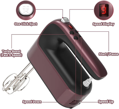 9-Speed Digital Hand Mixer Electric, 400W Powerful DC Motor, Hand Mixer Electric Handheld with Snap-On Storage Case, 5 Stainless Steel Accessories, Beaters, Dough Hooks, Whisk(Ice Blue/Black)