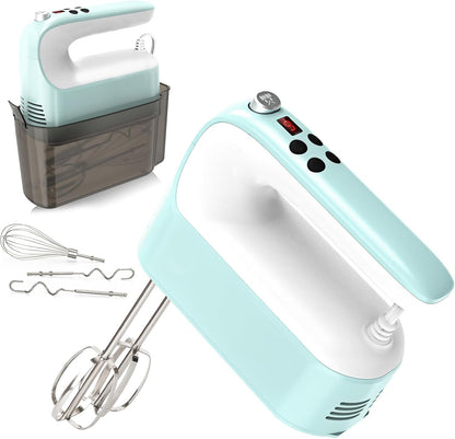 9-Speed Digital Hand Mixer Electric, 400W Powerful DC Motor, Hand Mixer Electric Handheld with Snap-On Storage Case, 5 Stainless Steel Accessories, Beaters, Dough Hooks, Whisk(Ice Blue/Black)