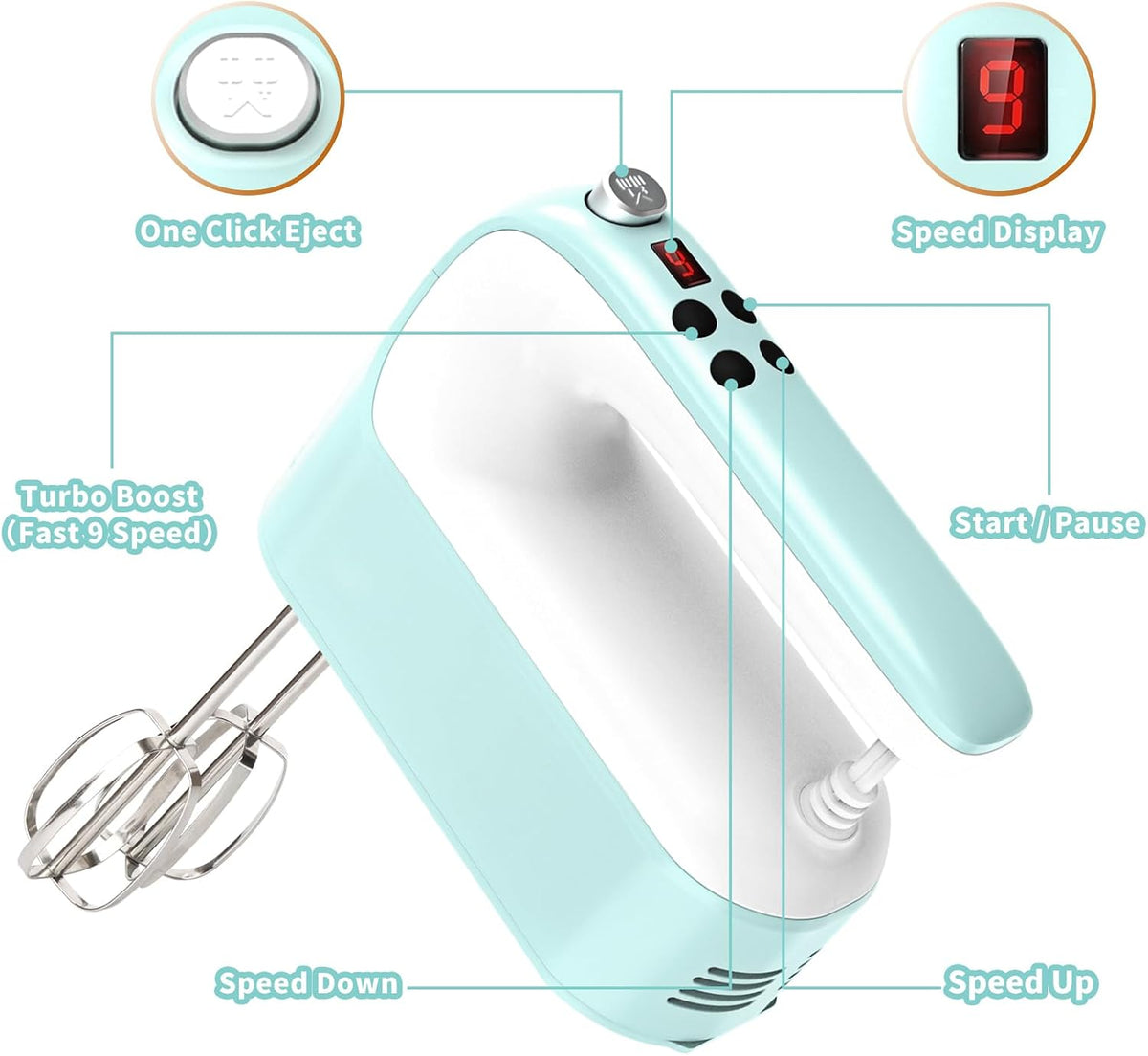 9-Speed Digital Hand Mixer Electric, 400W Powerful DC Motor, Hand Mixer Electric Handheld with Snap-On Storage Case, 5 Stainless Steel Accessories, Beaters, Dough Hooks, Whisk(Ice Blue/Black)