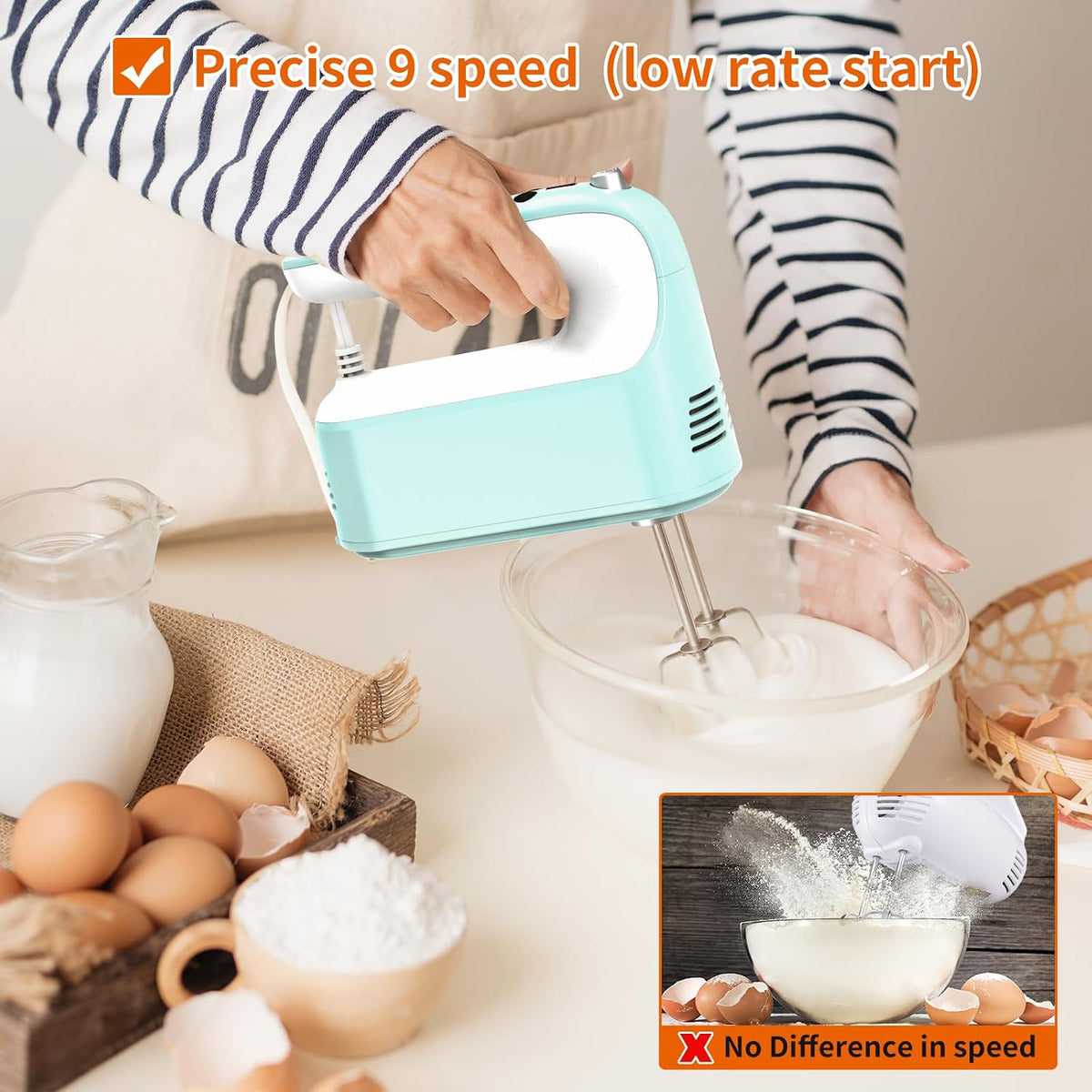 9-Speed Digital Hand Mixer Electric, 400W Powerful DC Motor, Hand Mixer Electric Handheld with Snap-On Storage Case, 5 Stainless Steel Accessories, Beaters, Dough Hooks, Whisk(Ice Blue/Black)