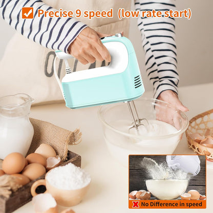 9-Speed Digital Hand Mixer Electric, 400W Powerful DC Motor, Hand Mixer Electric Handheld with Snap-On Storage Case, 5 Stainless Steel Accessories, Beaters, Dough Hooks, Whisk(Ice Blue/Black)