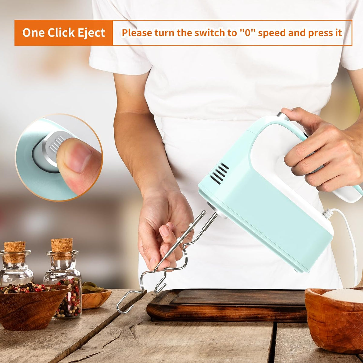 9-Speed Digital Hand Mixer Electric, 400W Powerful DC Motor, Hand Mixer Electric Handheld with Snap-On Storage Case, 5 Stainless Steel Accessories, Beaters, Dough Hooks, Whisk(Ice Blue/Black)
