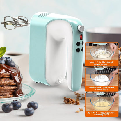 9-Speed Digital Hand Mixer Electric, 400W Powerful DC Motor, Hand Mixer Electric Handheld with Snap-On Storage Case, 5 Stainless Steel Accessories, Beaters, Dough Hooks, Whisk(Ice Blue/Black)