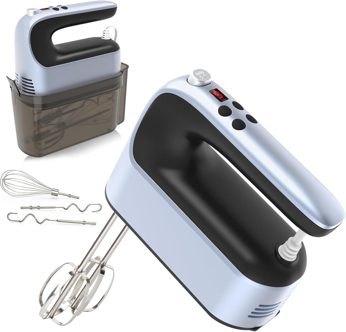 9-Speed Digital Hand Mixer Electric, 400W Powerful DC Motor, Hand Mixer Electric Handheld with Snap-On Storage Case, 5 Stainless Steel Accessories, Beaters, Dough Hooks, Whisk(Ice Blue/Black)