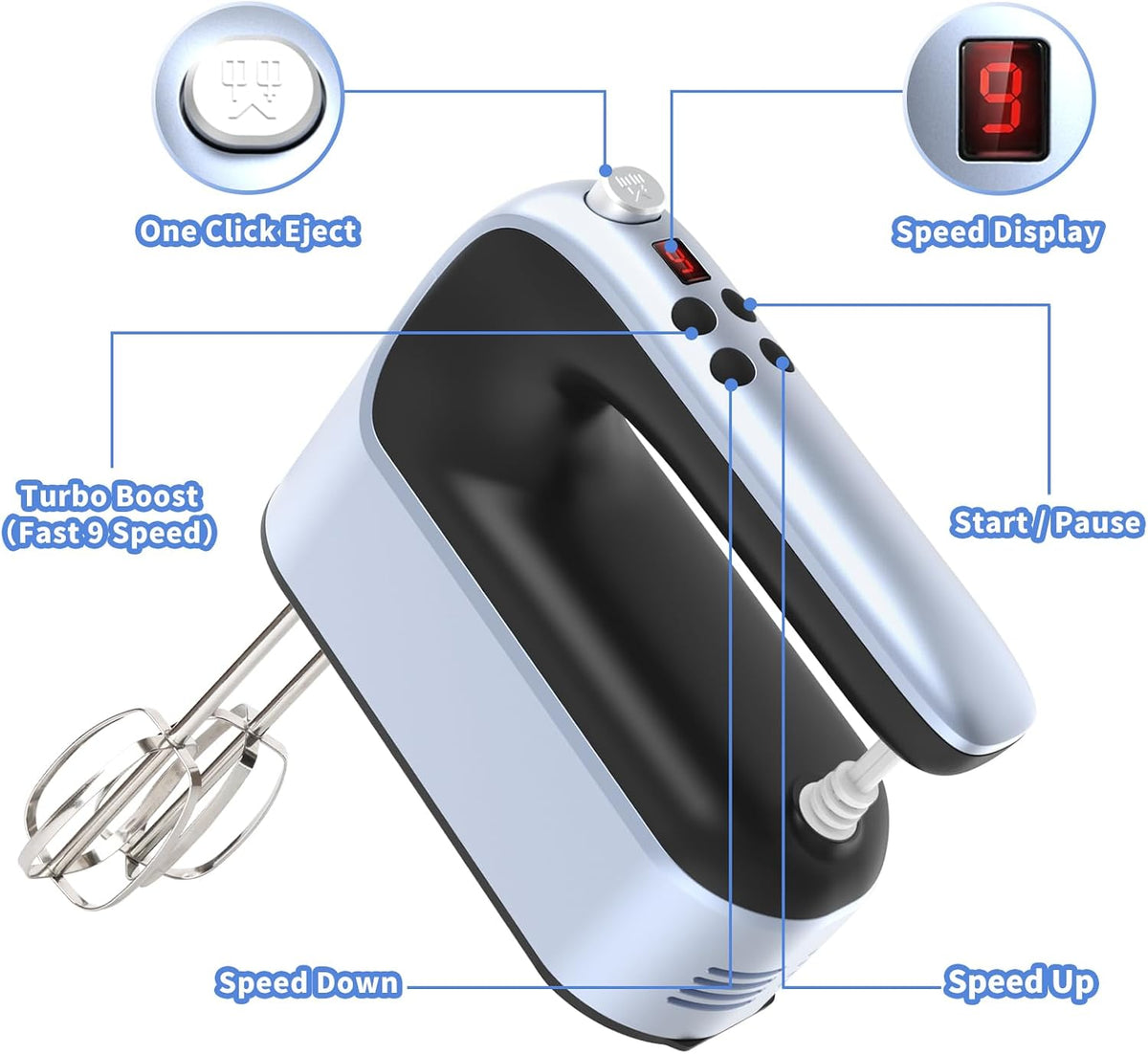 9-Speed Digital Hand Mixer Electric, 400W Powerful DC Motor, Hand Mixer Electric Handheld with Snap-On Storage Case, 5 Stainless Steel Accessories, Beaters, Dough Hooks, Whisk(Ice Blue/Black)