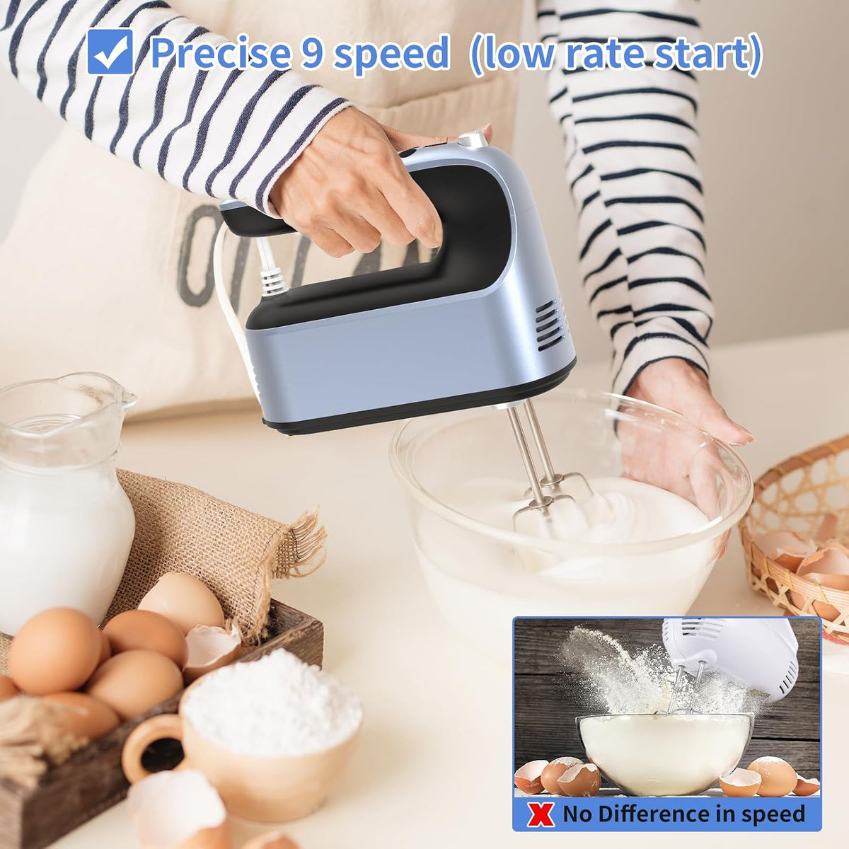9-Speed Digital Hand Mixer Electric, 400W Powerful DC Motor, Hand Mixer Electric Handheld with Snap-On Storage Case, 5 Stainless Steel Accessories, Beaters, Dough Hooks, Whisk(Ice Blue/Black)