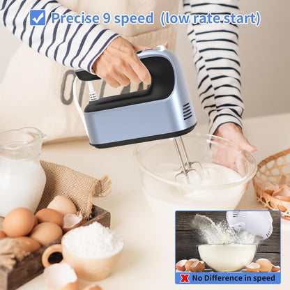 9-Speed Digital Hand Mixer Electric, 400W Powerful DC Motor, Hand Mixer Electric Handheld with Snap-On Storage Case, 5 Stainless Steel Accessories, Beaters, Dough Hooks, Whisk(Ice Blue/Black)