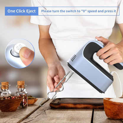 9-Speed Digital Hand Mixer Electric, 400W Powerful DC Motor, Hand Mixer Electric Handheld with Snap-On Storage Case, 5 Stainless Steel Accessories, Beaters, Dough Hooks, Whisk(Ice Blue/Black)