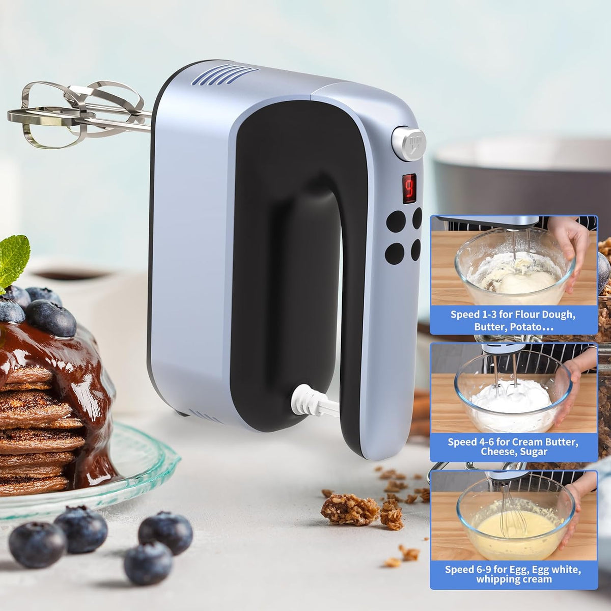 9-Speed Digital Hand Mixer Electric, 400W Powerful DC Motor, Hand Mixer Electric Handheld with Snap-On Storage Case, 5 Stainless Steel Accessories, Beaters, Dough Hooks, Whisk(Ice Blue/Black)