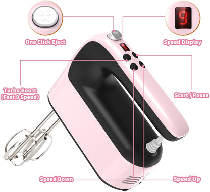 9-Speed Digital Hand Mixer Electric, 400W Powerful DC Motor, Hand Mixer Electric Handheld with Snap-On Storage Case, 5 Stainless Steel Accessories, Beaters, Dough Hooks, Whisk(Ice Blue/Black)