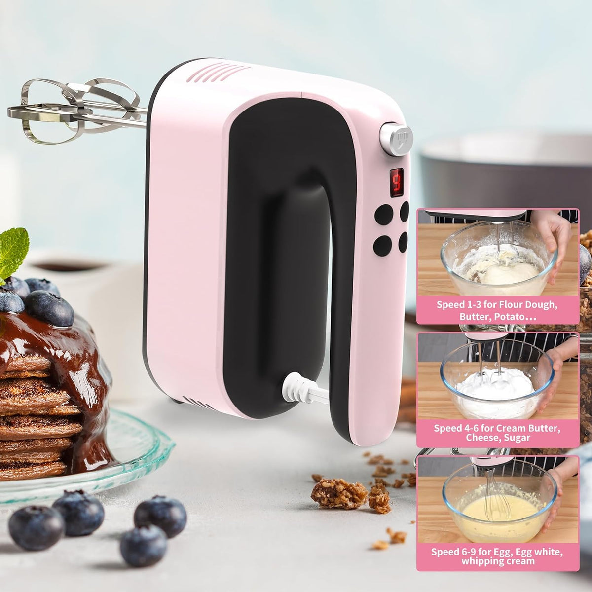 9-Speed Digital Hand Mixer Electric, 400W Powerful DC Motor, Hand Mixer Electric Handheld with Snap-On Storage Case, 5 Stainless Steel Accessories, Beaters, Dough Hooks, Whisk(Ice Blue/Black)