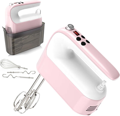 9-Speed Digital Hand Mixer Electric, 400W Powerful DC Motor, Hand Mixer Electric Handheld with Snap-On Storage Case, 5 Stainless Steel Accessories, Beaters, Dough Hooks, Whisk(Ice Blue/Black)