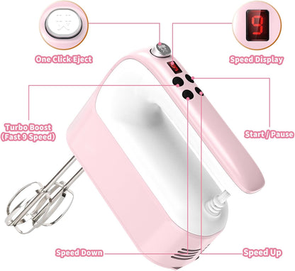 9-Speed Digital Hand Mixer Electric, 400W Powerful DC Motor, Hand Mixer Electric Handheld with Snap-On Storage Case, 5 Stainless Steel Accessories, Beaters, Dough Hooks, Whisk(Ice Blue/Black)