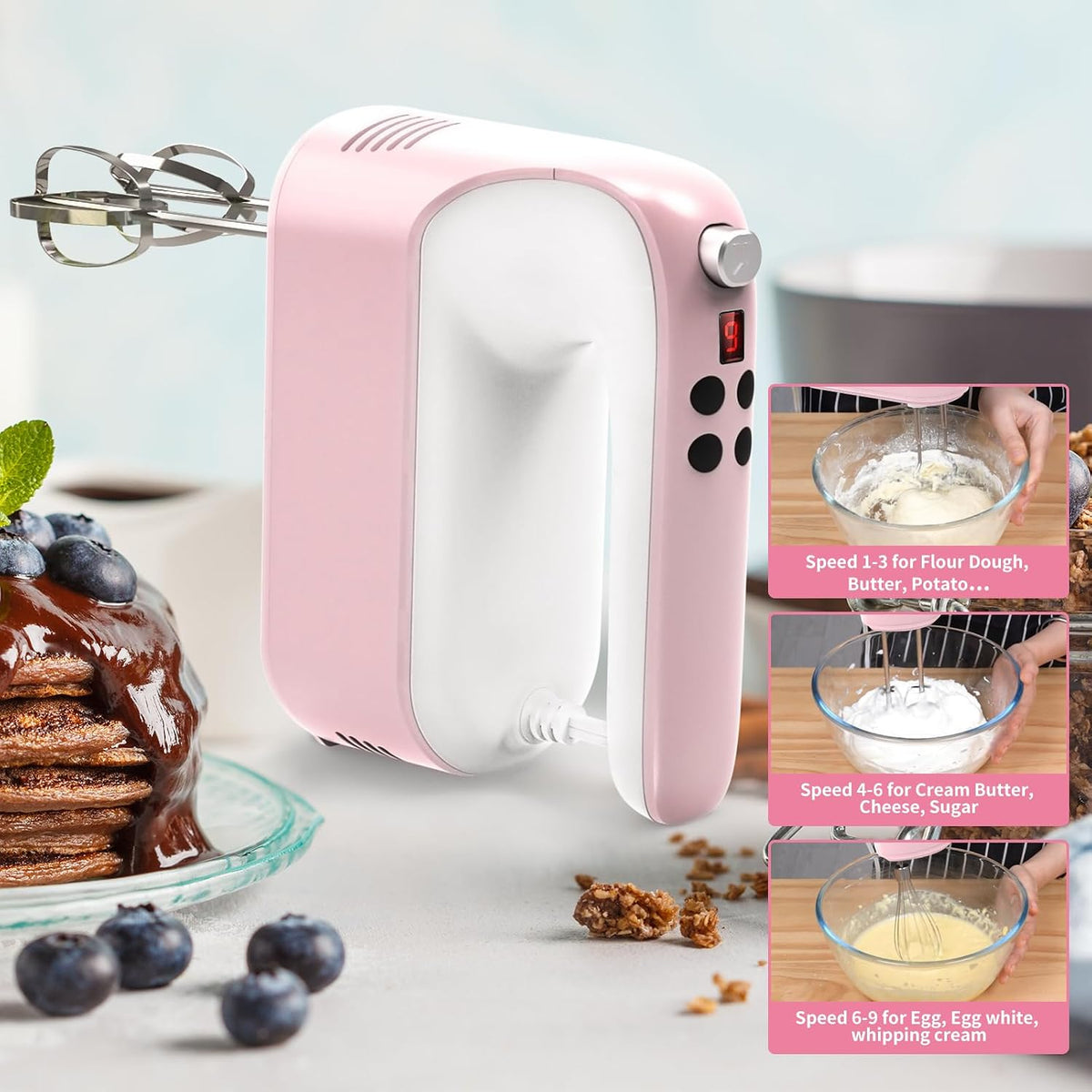 9-Speed Digital Hand Mixer Electric, 400W Powerful DC Motor, Hand Mixer Electric Handheld with Snap-On Storage Case, 5 Stainless Steel Accessories, Beaters, Dough Hooks, Whisk(Ice Blue/Black)