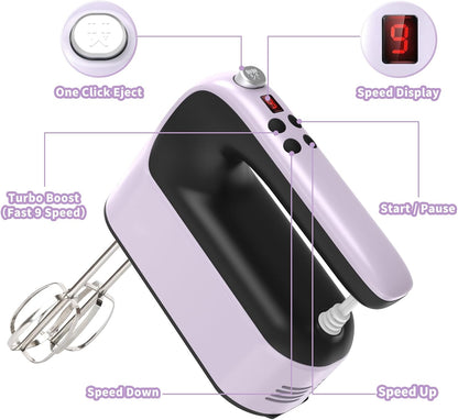 9-Speed Digital Hand Mixer Electric, 400W Powerful DC Motor, Hand Mixer Electric Handheld with Snap-On Storage Case, 5 Stainless Steel Accessories, Beaters, Dough Hooks, Whisk(Ice Blue/Black)