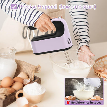9-Speed Digital Hand Mixer Electric, 400W Powerful DC Motor, Hand Mixer Electric Handheld with Snap-On Storage Case, 5 Stainless Steel Accessories, Beaters, Dough Hooks, Whisk(Ice Blue/Black)