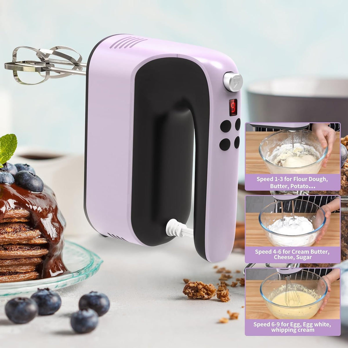 9-Speed Digital Hand Mixer Electric, 400W Powerful DC Motor, Hand Mixer Electric Handheld with Snap-On Storage Case, 5 Stainless Steel Accessories, Beaters, Dough Hooks, Whisk(Ice Blue/Black)