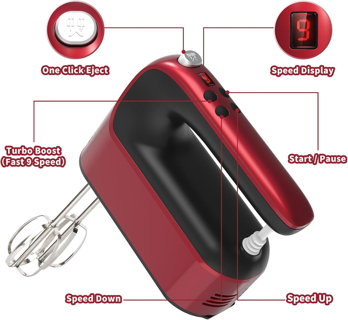9-Speed Digital Hand Mixer Electric, 400W Powerful DC Motor, Hand Mixer Electric Handheld with Snap-On Storage Case, 5 Stainless Steel Accessories, Beaters, Dough Hooks, Whisk(Ice Blue/Black)