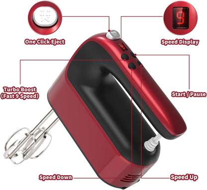 9-Speed Digital Hand Mixer Electric, 400W Powerful DC Motor, Hand Mixer Electric Handheld with Snap-On Storage Case, 5 Stainless Steel Accessories, Beaters, Dough Hooks, Whisk(Ice Blue/Black)
