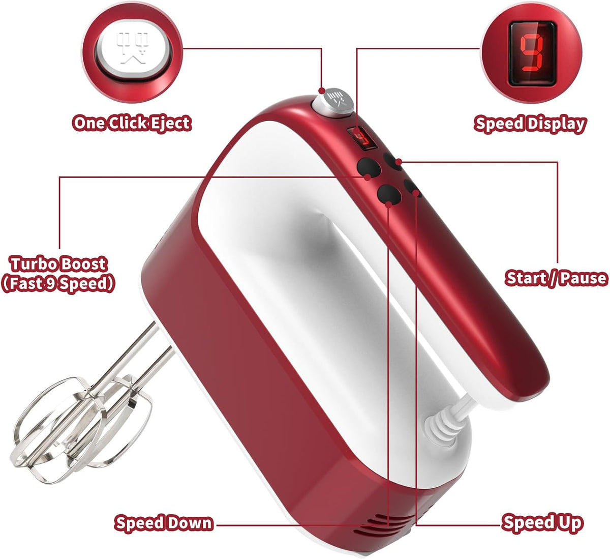 9-Speed Digital Hand Mixer Electric, 400W Powerful DC Motor, Hand Mixer Electric Handheld with Snap-On Storage Case, 5 Stainless Steel Accessories, Beaters, Dough Hooks, Whisk(Ice Blue/Black)