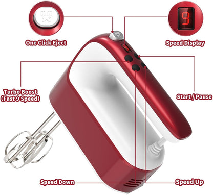 9-Speed Digital Hand Mixer Electric, 400W Powerful DC Motor, Hand Mixer Electric Handheld with Snap-On Storage Case, 5 Stainless Steel Accessories, Beaters, Dough Hooks, Whisk(Ice Blue/Black)