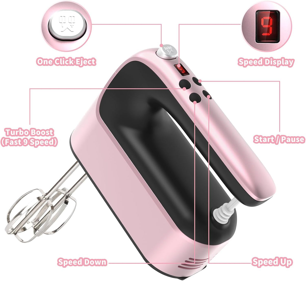9-Speed Digital Hand Mixer Electric, 400W Powerful DC Motor, Hand Mixer Electric Handheld with Snap-On Storage Case, 5 Stainless Steel Accessories, Beaters, Dough Hooks, Whisk(Ice Blue/Black)