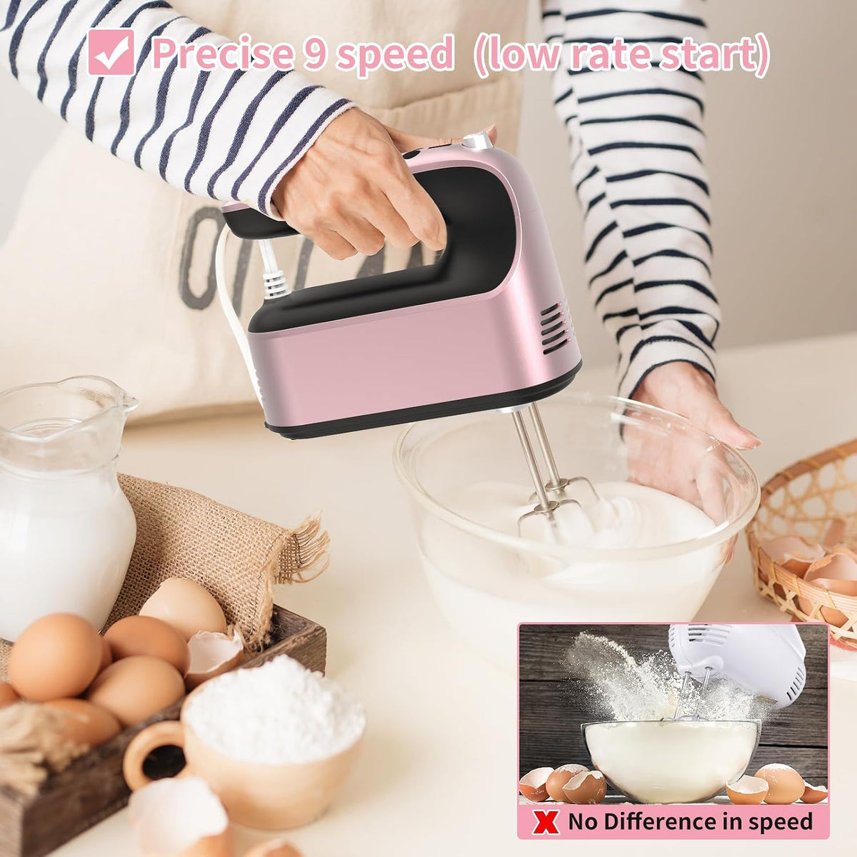 9-Speed Digital Hand Mixer Electric, 400W Powerful DC Motor, Hand Mixer Electric Handheld with Snap-On Storage Case, 5 Stainless Steel Accessories, Beaters, Dough Hooks, Whisk(Ice Blue/Black)