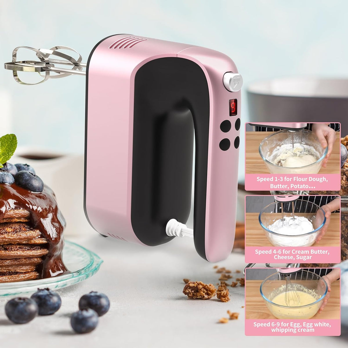 9-Speed Digital Hand Mixer Electric, 400W Powerful DC Motor, Hand Mixer Electric Handheld with Snap-On Storage Case, 5 Stainless Steel Accessories, Beaters, Dough Hooks, Whisk(Ice Blue/Black)