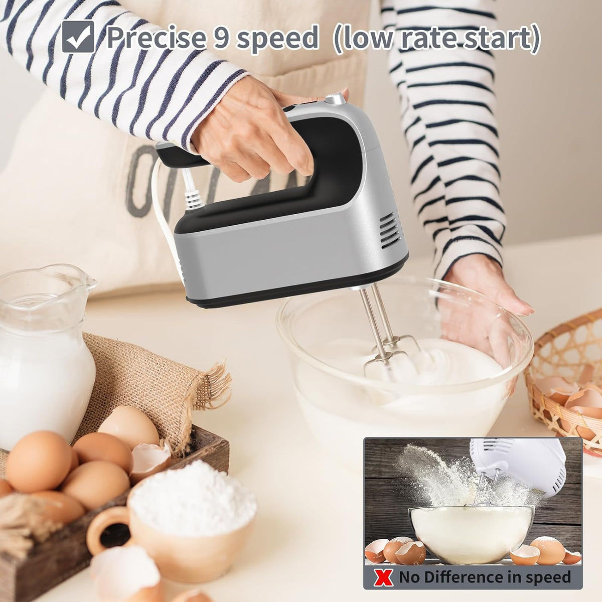 9-Speed Digital Hand Mixer Electric, 400W Powerful DC Motor, Hand Mixer Electric Handheld with Snap-On Storage Case, 5 Stainless Steel Accessories, Beaters, Dough Hooks, Whisk(Ice Blue/Black)