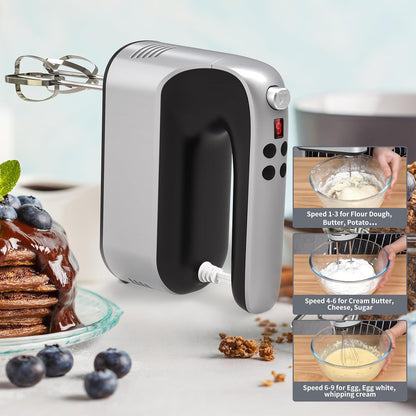 9-Speed Digital Hand Mixer Electric, 400W Powerful DC Motor, Hand Mixer Electric Handheld with Snap-On Storage Case, 5 Stainless Steel Accessories, Beaters, Dough Hooks, Whisk(Ice Blue/Black)