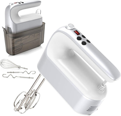 9-Speed Digital Hand Mixer Electric, 400W Powerful DC Motor, Hand Mixer Electric Handheld with Snap-On Storage Case, 5 Stainless Steel Accessories, Beaters, Dough Hooks, Whisk(Ice Blue/Black)