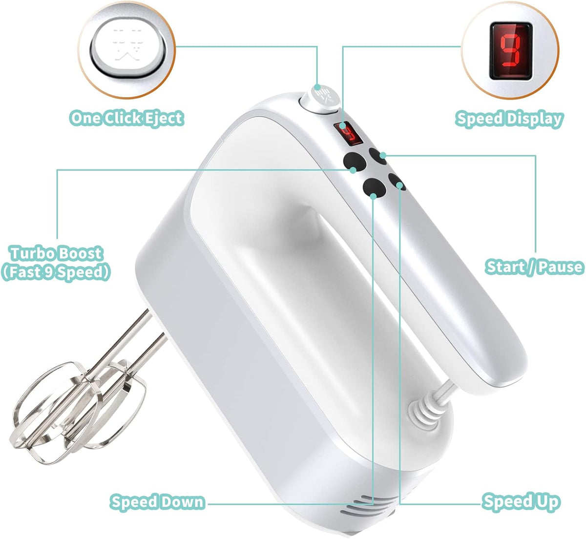 9-Speed Digital Hand Mixer Electric, 400W Powerful DC Motor, Hand Mixer Electric Handheld with Snap-On Storage Case, 5 Stainless Steel Accessories, Beaters, Dough Hooks, Whisk(Ice Blue/Black)
