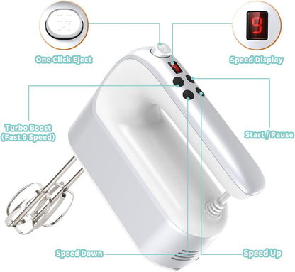 9-Speed Digital Hand Mixer Electric, 400W Powerful DC Motor, Hand Mixer Electric Handheld with Snap-On Storage Case, 5 Stainless Steel Accessories, Beaters, Dough Hooks, Whisk(Ice Blue/Black)