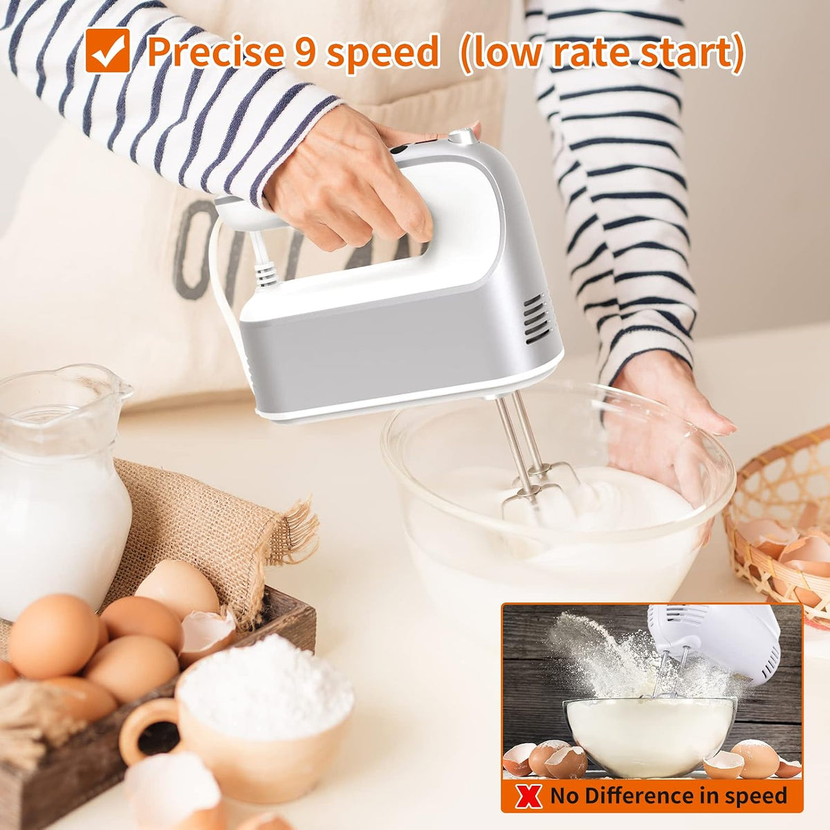 9-Speed Digital Hand Mixer Electric, 400W Powerful DC Motor, Hand Mixer Electric Handheld with Snap-On Storage Case, 5 Stainless Steel Accessories, Beaters, Dough Hooks, Whisk(Ice Blue/Black)