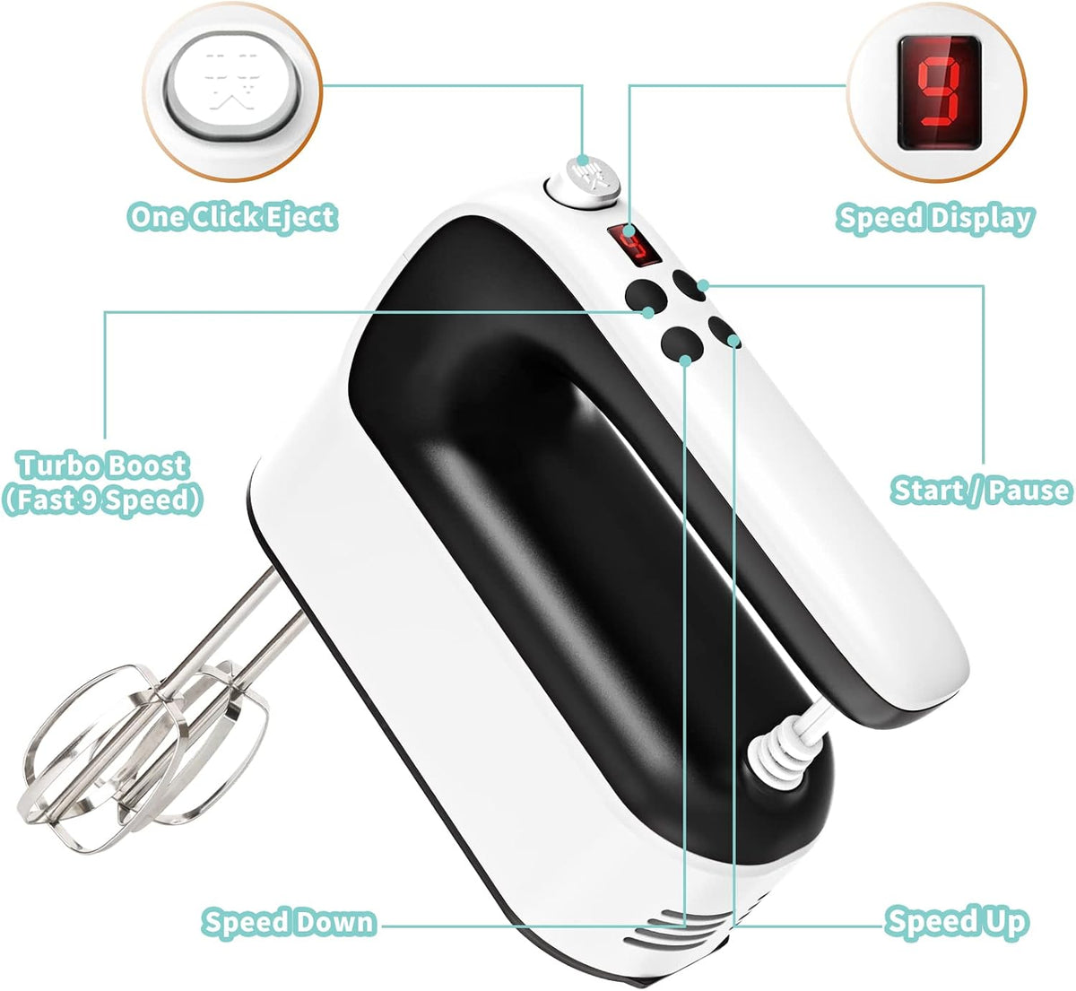 9-Speed Digital Hand Mixer Electric, 400W Powerful DC Motor, Hand Mixer Electric Handheld with Snap-On Storage Case, 5 Stainless Steel Accessories, Beaters, Dough Hooks, Whisk(Ice Blue/Black)